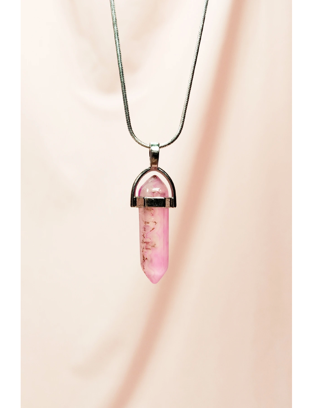 Pembe Kuvars Doğal Taşı Zincirli El Yapımı Tasarımlı Kolye Uç: 3,5 cm Zincir: 20 cm Kutulu