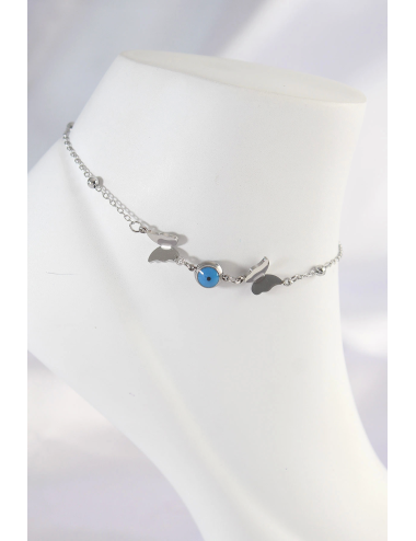 316L Çelik Gümüş Renk Nazar Boncuk Detay Kelebek Halhal