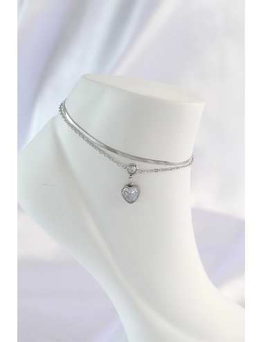 316L Çelik Gümüş Renk Zirkon Taşlı Kalp Tasarımlı 2li Halhal