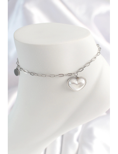 316L Çelik Gümüş Renk Zincir Model 3D Kalp Beyaz Kalp Figür Kadın HalHal