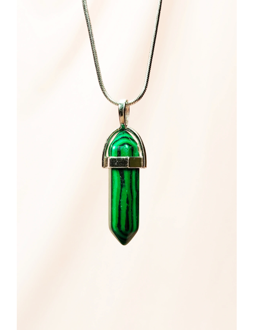 Malahit Doğal Taşı Zincirli El Yapımı Tasarımlı Kolye Uç: 3,5 cm Zincir: 20 cm Kutulu