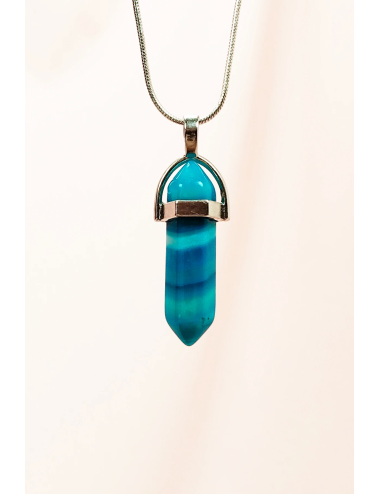 Mavi Akik Doğal Taşı Zincirli El Yapımı Tasarımlı Kolye Uç: 3,5 cm Zincir: 20 cm Kutulu