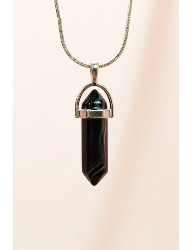 Obsidyen Doğal Taşı Zincirli El Yapımı Tasarımlı Kolye Uç: 3,5 cm Zincir: 20 cm Kutulu